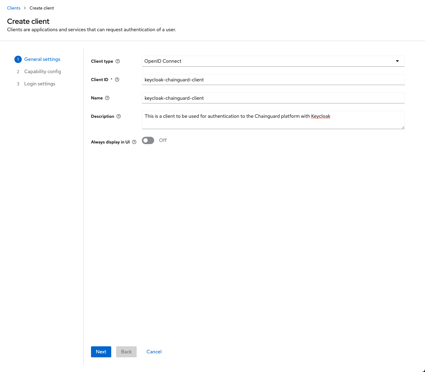 Screenshot of Keycloak's Create Client menu 1, with example entries added.