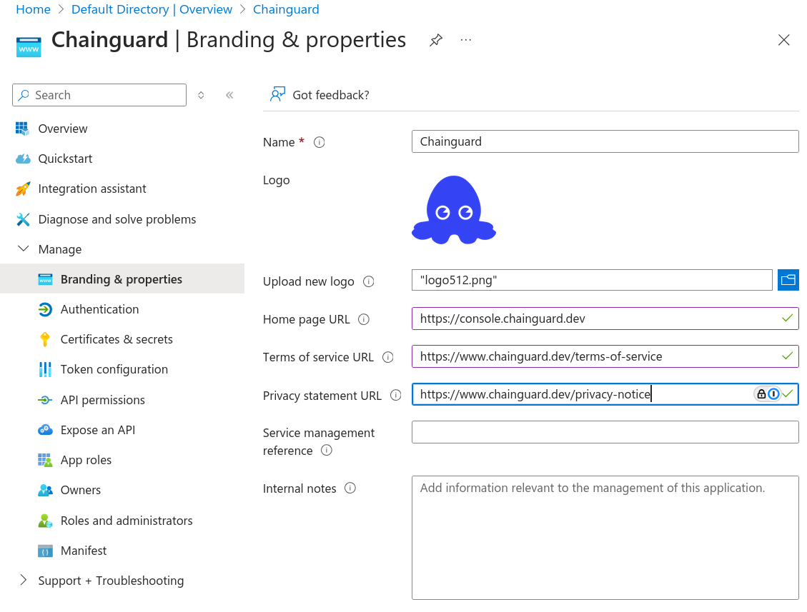 Screenshot of the Branding & properties screen with the following settings: Name is set to 'Chainguard'; Logo shows the sample Linky logo uploaded; Home page URL is set to 'https://console.chainguard.dev'; Terms of service URL is set to 'https://www.chainguard.dev/terms-of-service'; and the Privacy statement URL is set to 'https://www.chainguard.dev/privacy-notice.