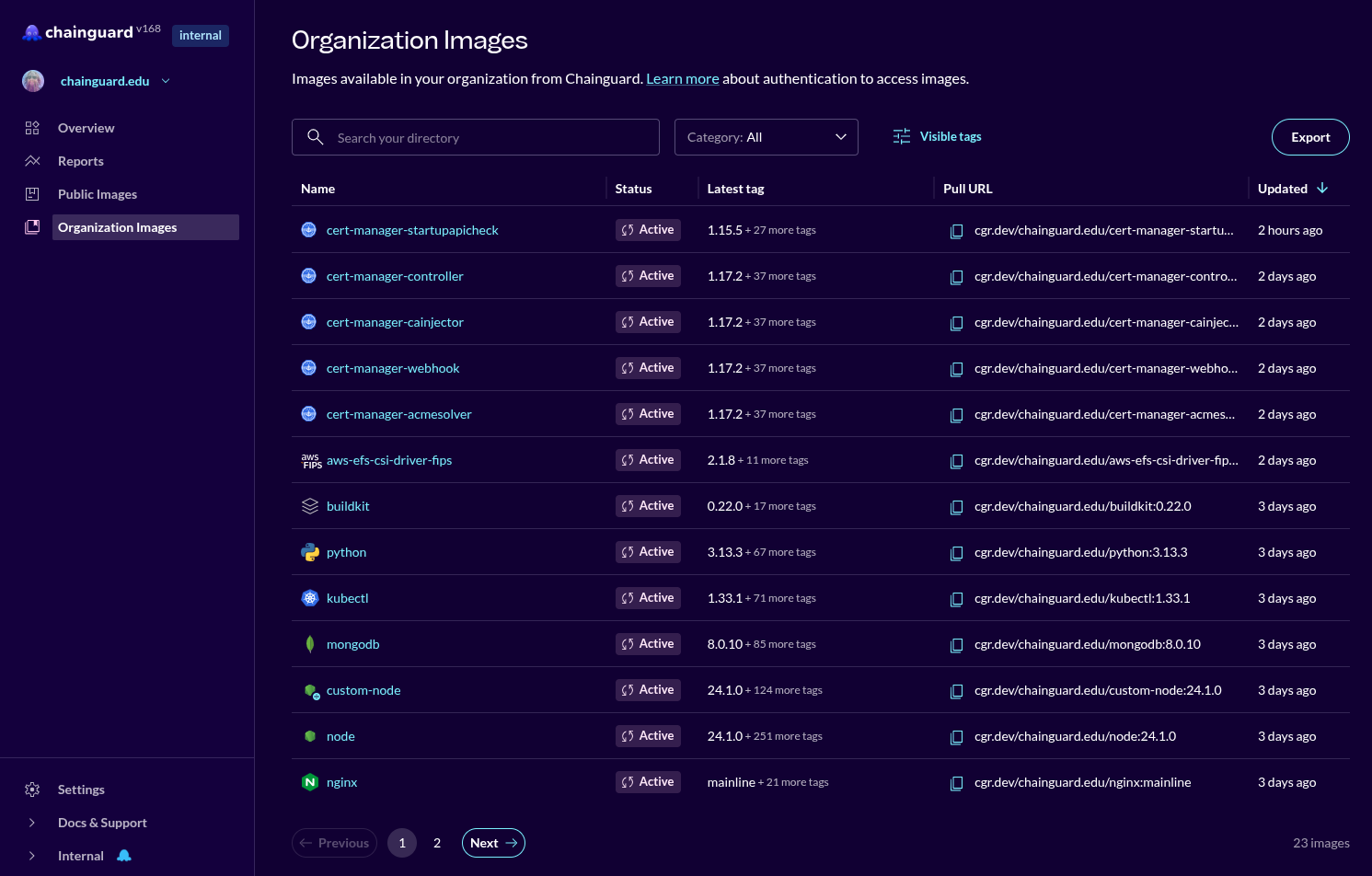Screenshot showing the Organization Images page in the Console, which lists all of the images available along with data for each including Status, Latest tag, Pull URL, and when the image was last updated.